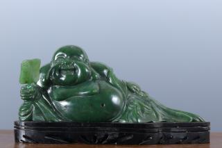 创汇时期天然和田碧玉雕刻大肚子弥勒佛 全品 重1096克 宽23厘米 高11